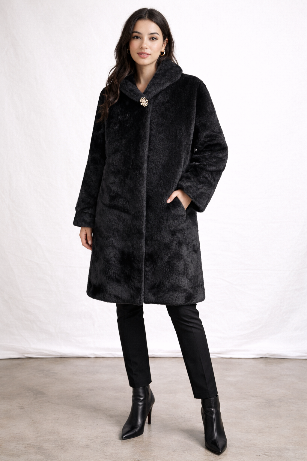 Elegant Black Faux Fur Coat with Shawl Collar