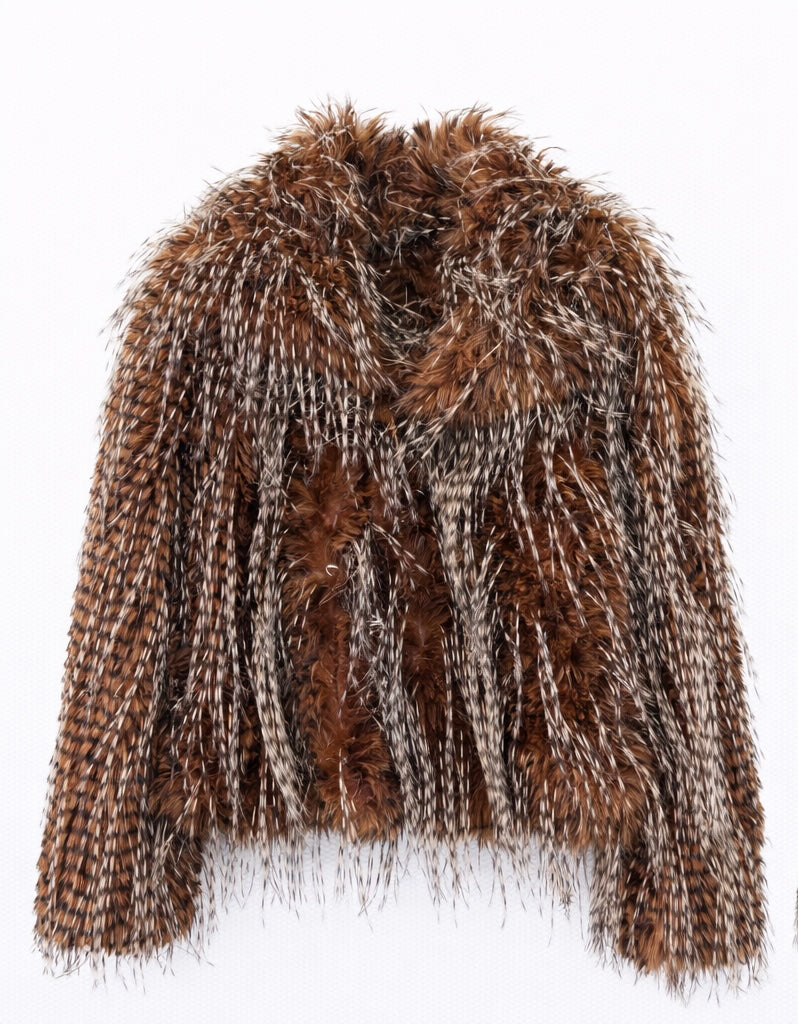 Feathered Faux Fur Statement jacket Chestnut Brown Mix