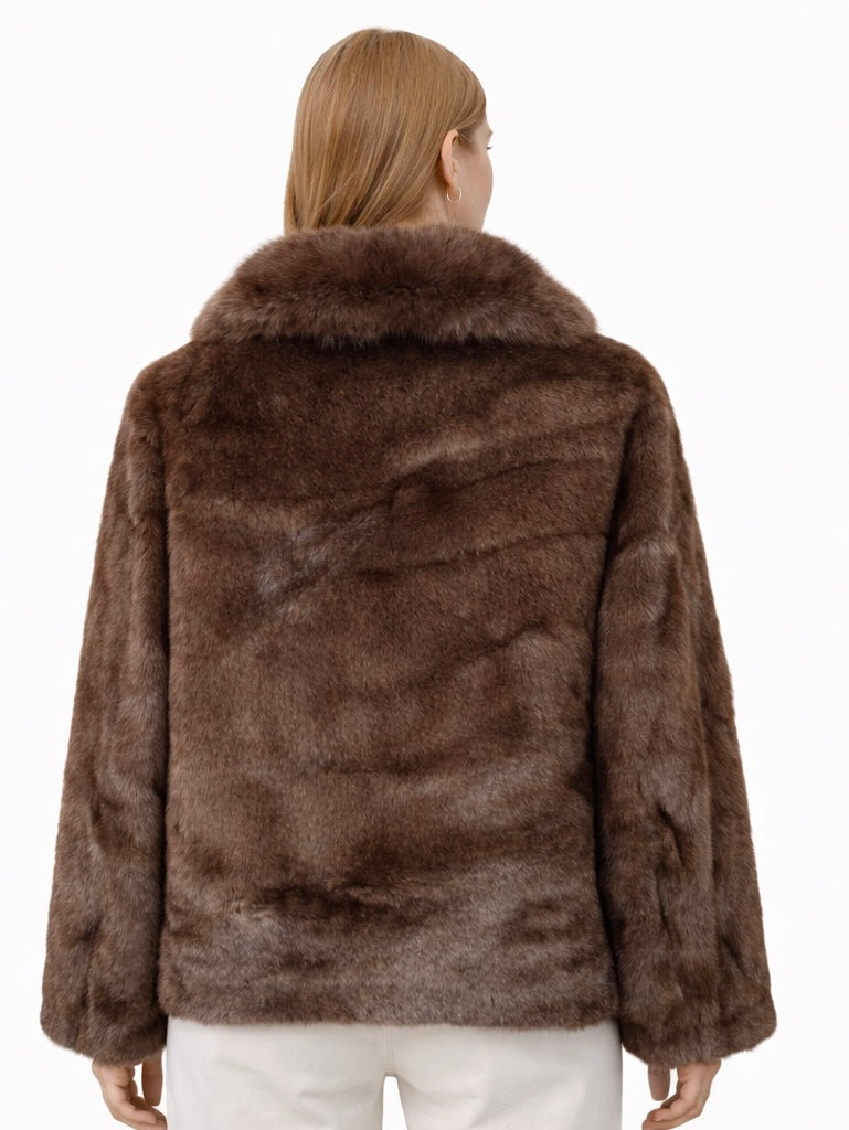 Plush Eco Fur Jacket with Wide Collar – Rich Brown