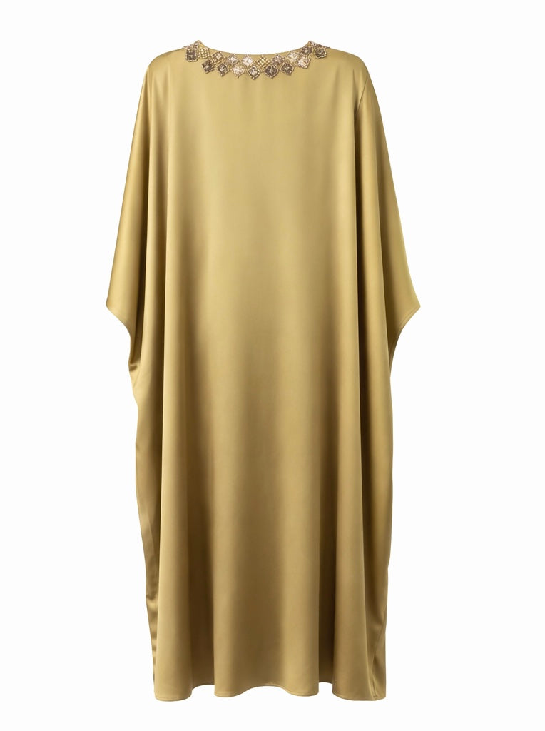 Olive Gold Silk Kaftan with Beaded Neckline