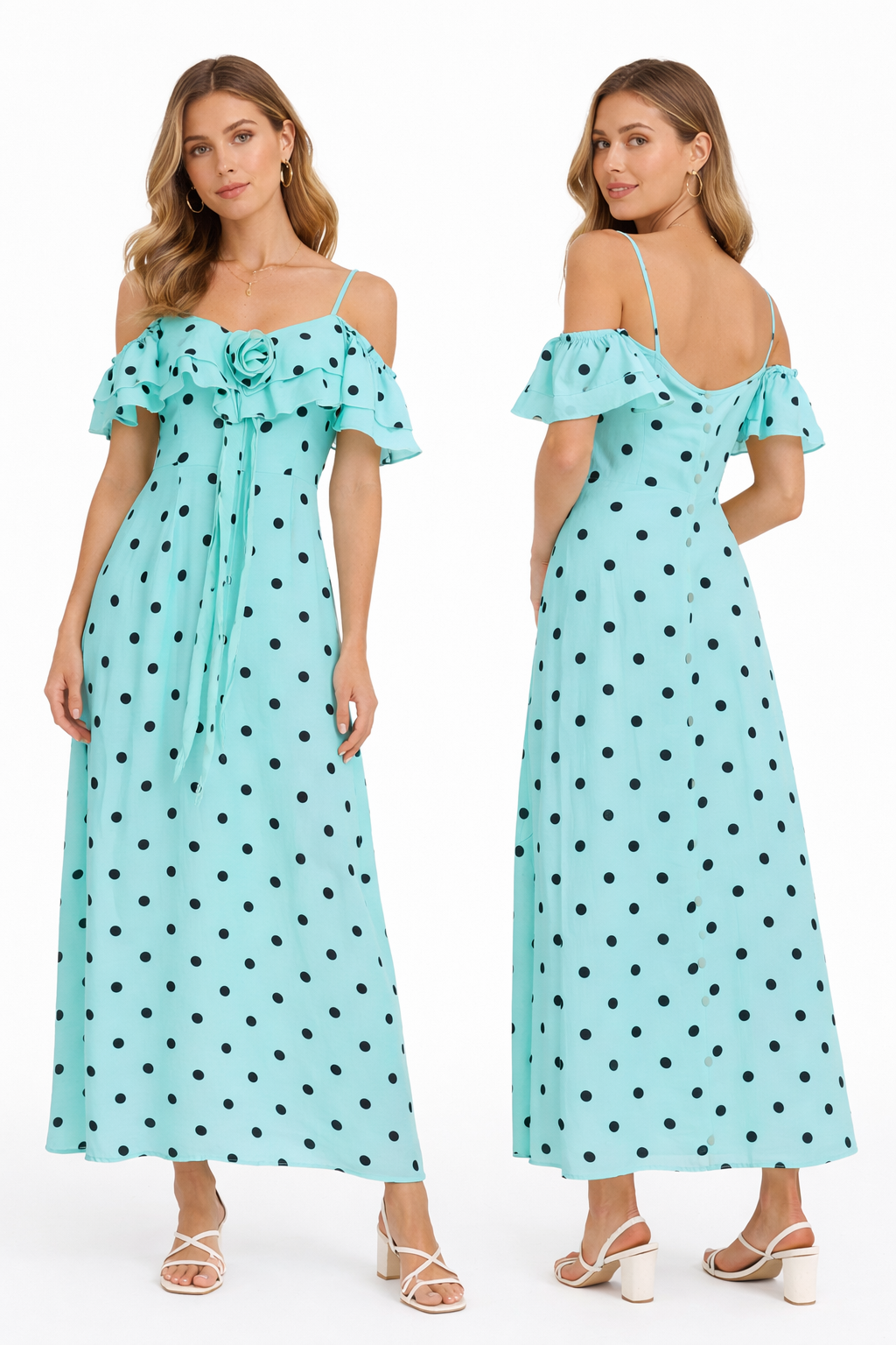 Off-Shoulder Polka Dot Maxi Dress - Aqua , Pistachio , black