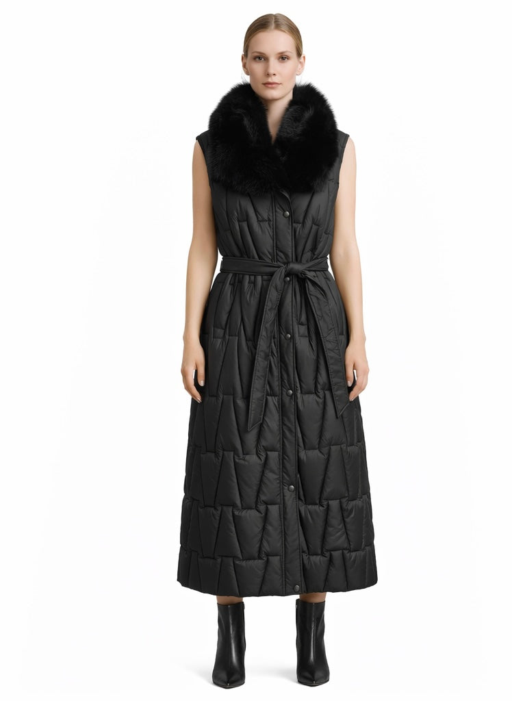 Black Quilted Long Vest with Fur Collar