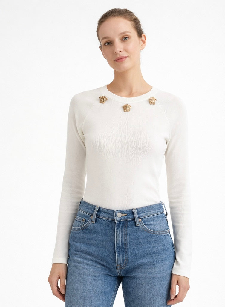 Ribbed Long-Sleeve Embellished Bodysuit – White