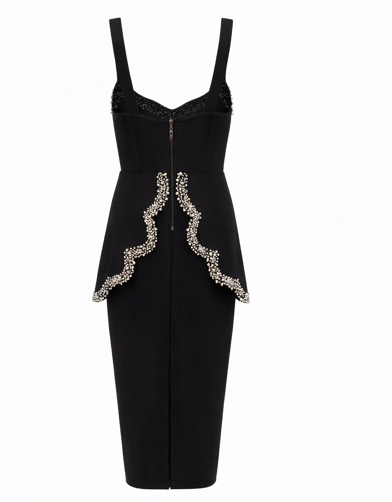 Black Crystal Embellished Peplum Bandage Midi Dress