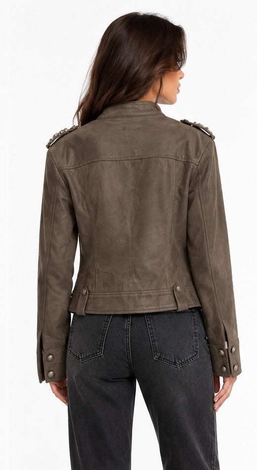 Embellished Military Suede Jacket ( Olive , Beige , Brown )