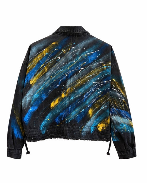 Abstract Galaxy Hand-Painted Black Denim Jacket