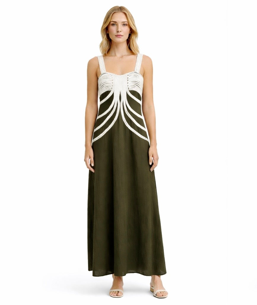 Crochet Detail Maxi Dress - Brown , Olive Green