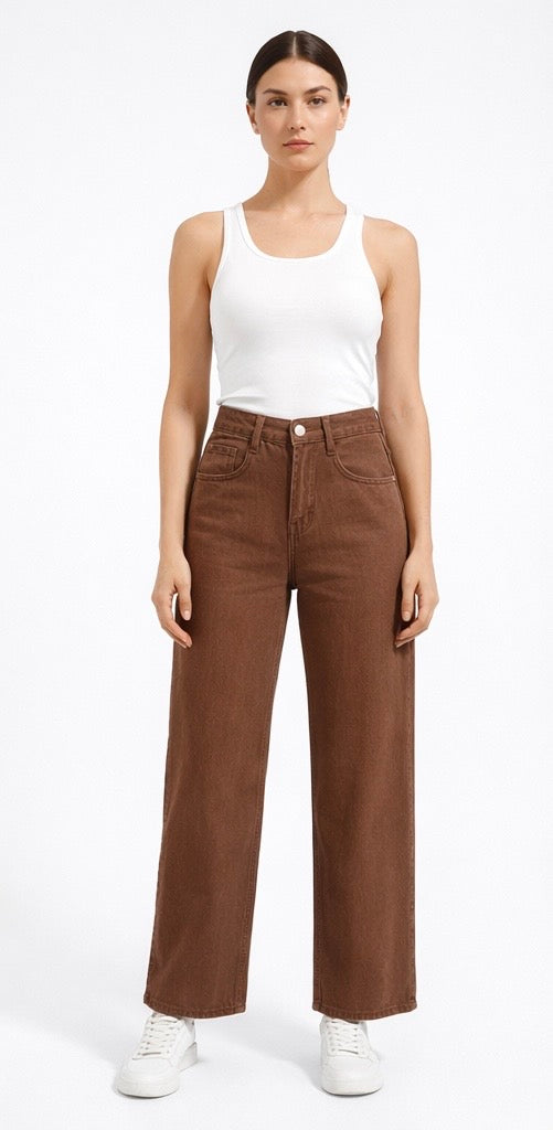 Brown  Denim Wide-Leg Pants