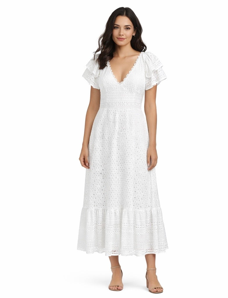 Romantic White Eyelet Lace V-Neck Dress