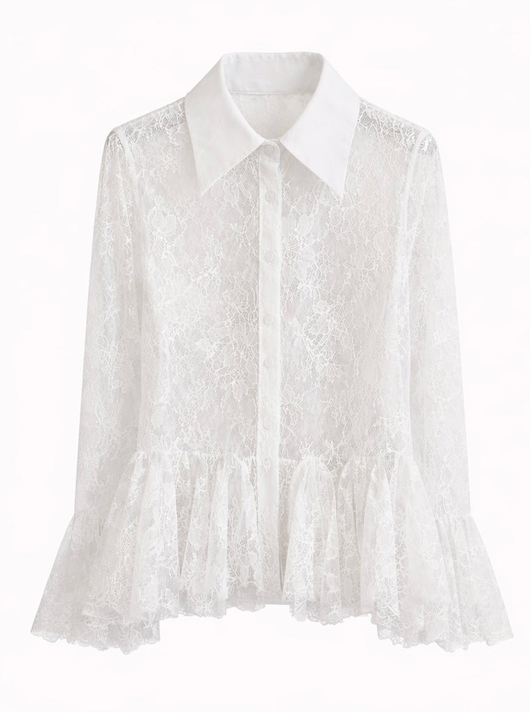 Sheer Lace Peplum Blouse – White , Light Blue , Butter Yellow