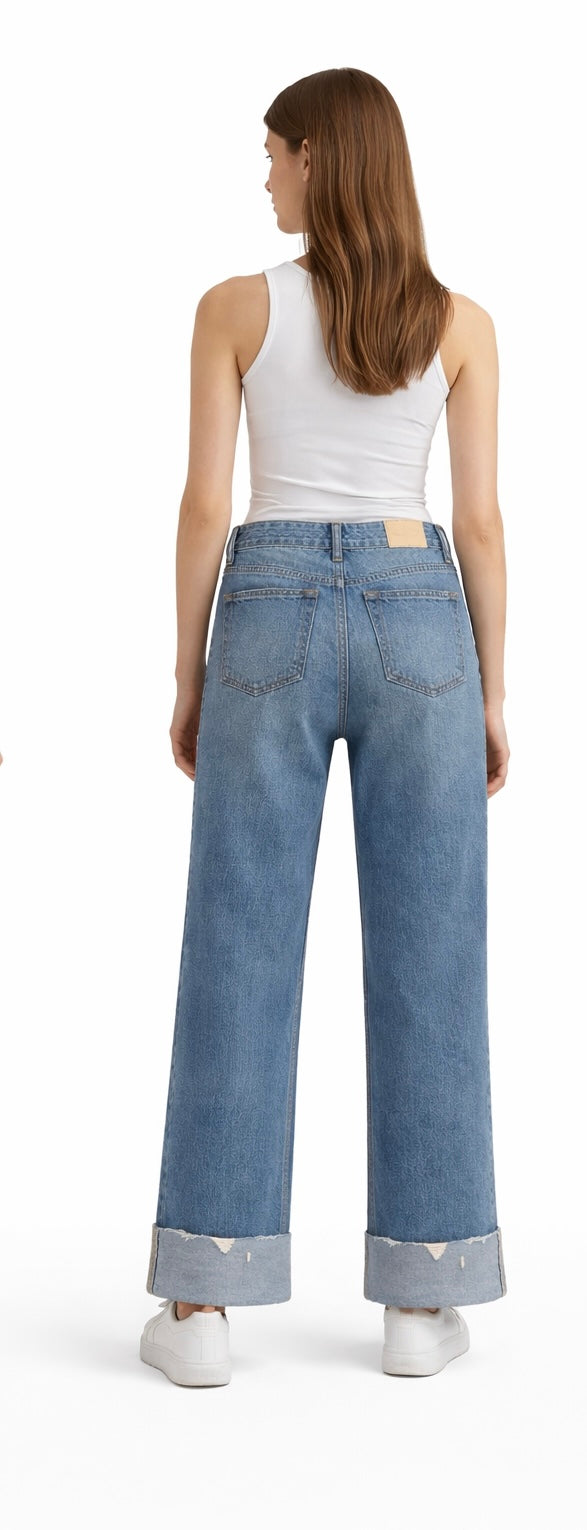 Classic Blue Straight Denim with Turn-Up Hem