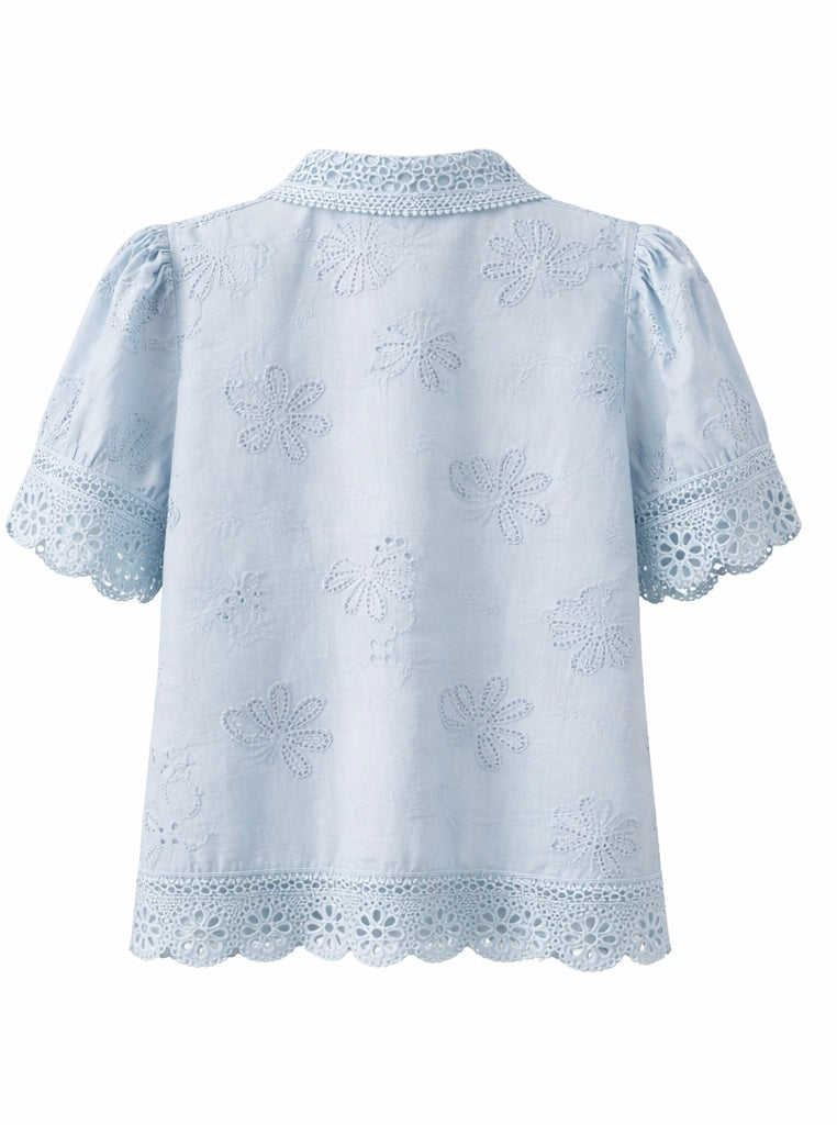 Chic  Floral Embroidered Shirt - Light Blue , White , Black