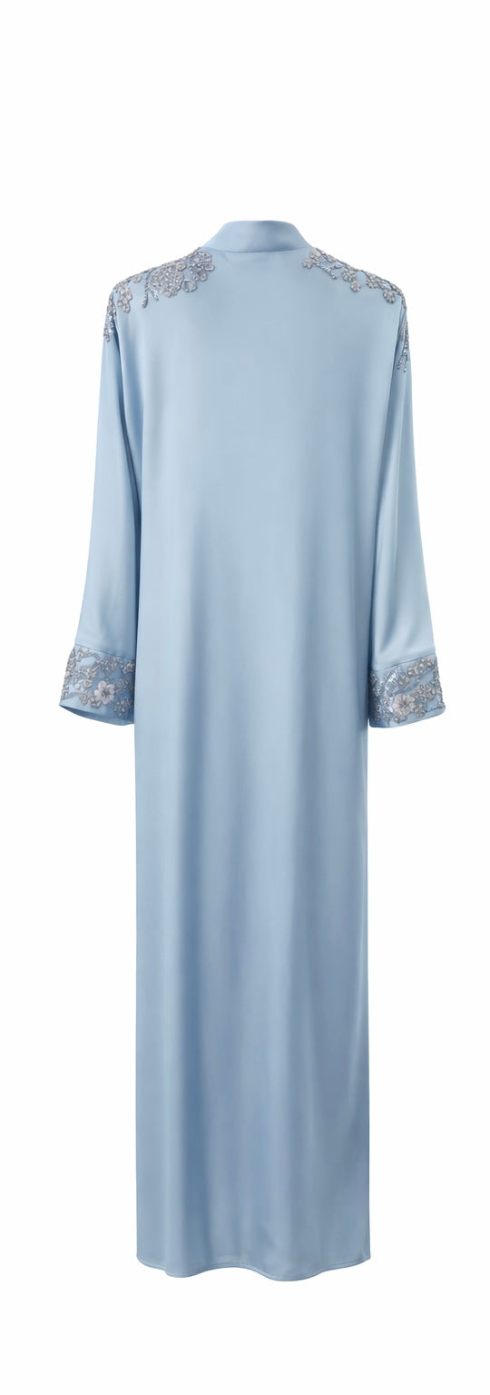 Ice Blue Embroidered Satin Abaya