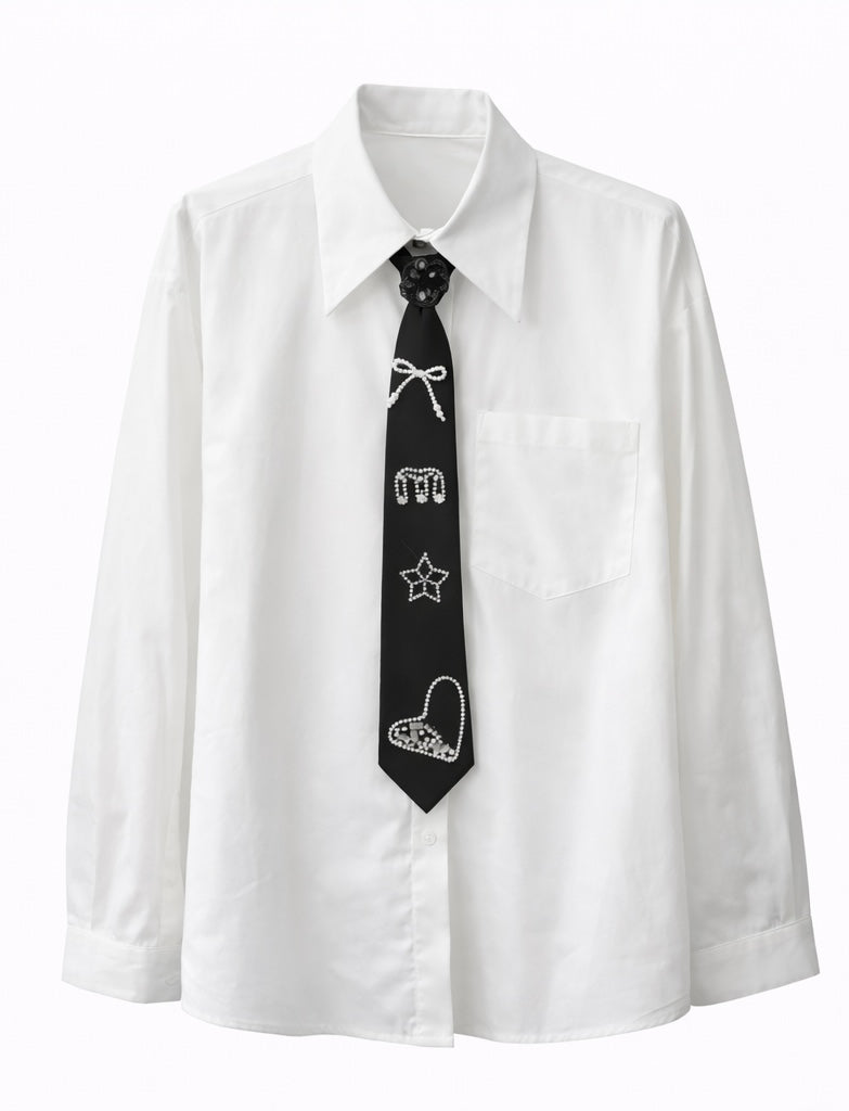 Button-Up Shirt with Rhinestone Tie - Black , White