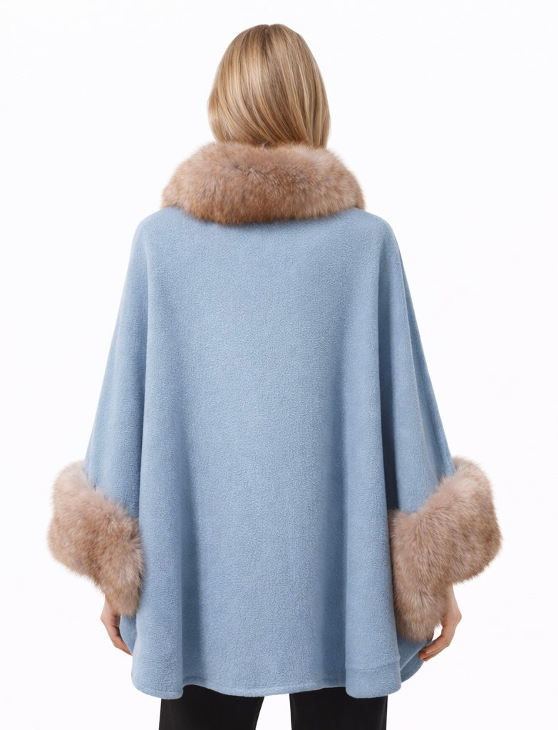 Blue Statement Alpaca Coat with Real Fox Fur