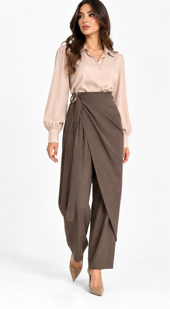 Draped Wrap Tailored Pants (Brown,Olive,Black,Beige)