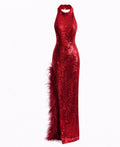Red Sequin Halter  Dress with Feather Detail