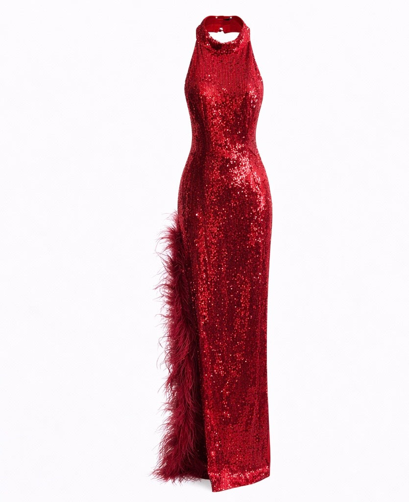 Red Sequin Halter  Dress with Feather Detail