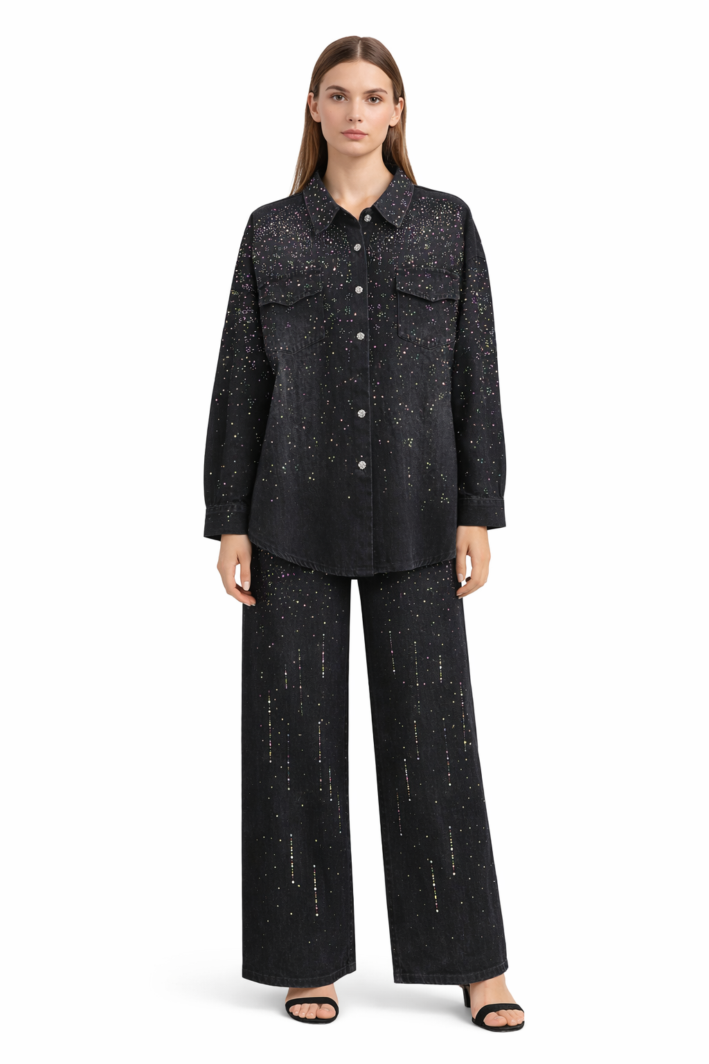 Black Rhinestone Button-Up Shirt & Palazzo Pant Set