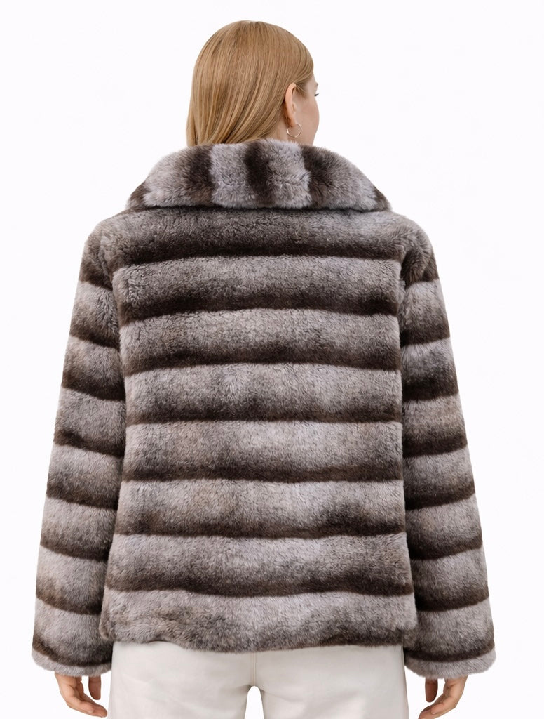 Striped Eco Fur Jacket with Wide Collar – Mocha Grey