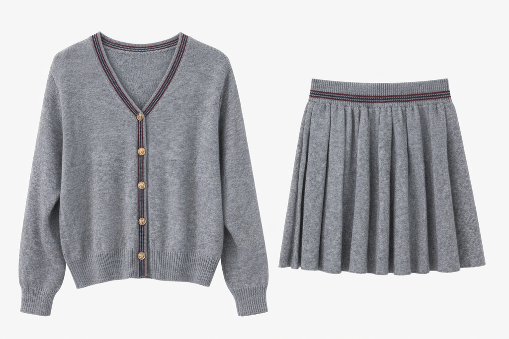 Classic Grey Knit Cardigan & Pleated Skirt Two-Piece Set