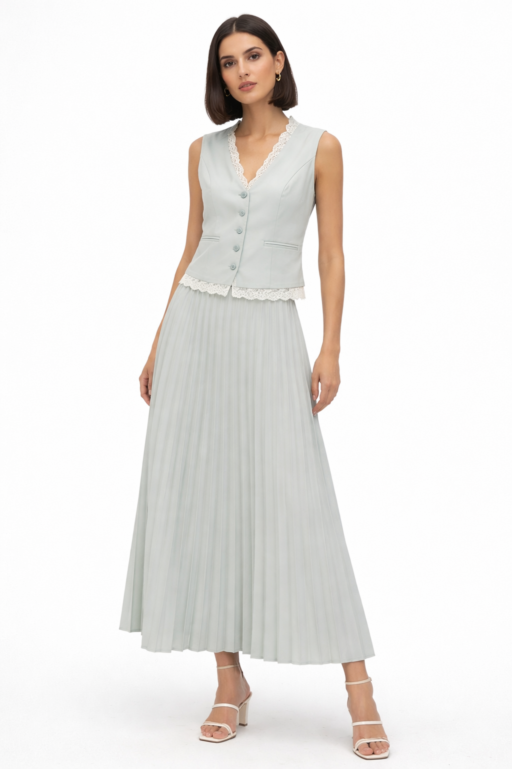 Mint Lace-Trim Vest & Pleated Midi Skirt Set