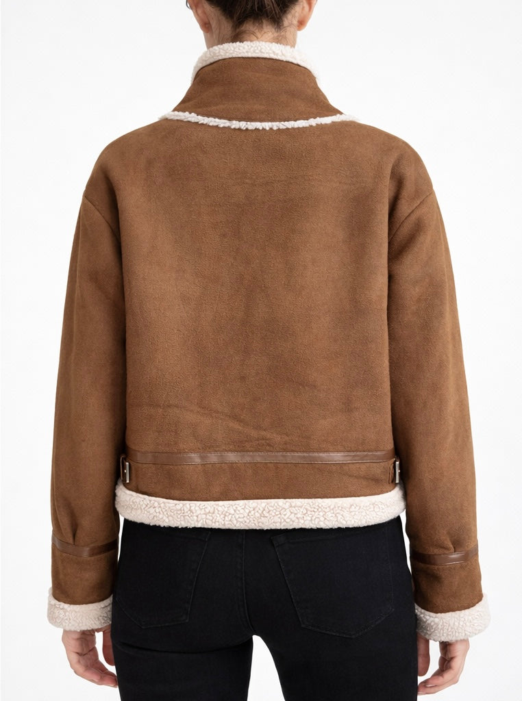 Faux Shearling Aviator Jacket – Brown