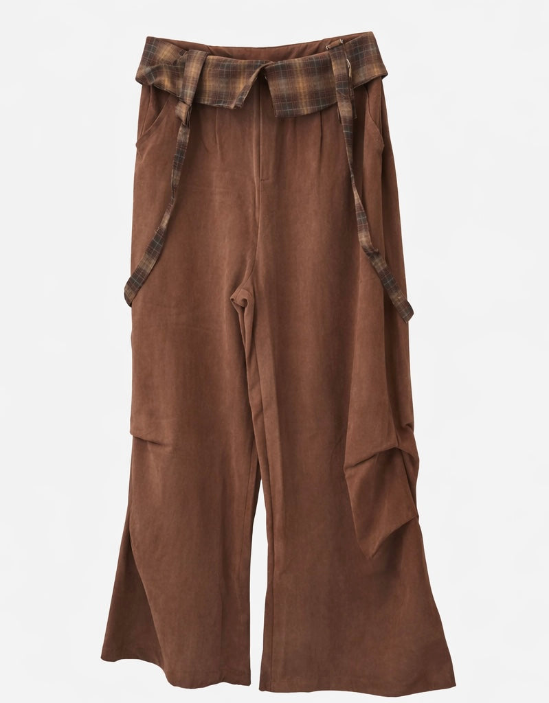 Wide-Leg Suspender Pants in Warm Brown