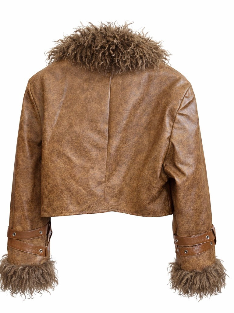 Faux Leather Shearling Collar Cropped Jacket