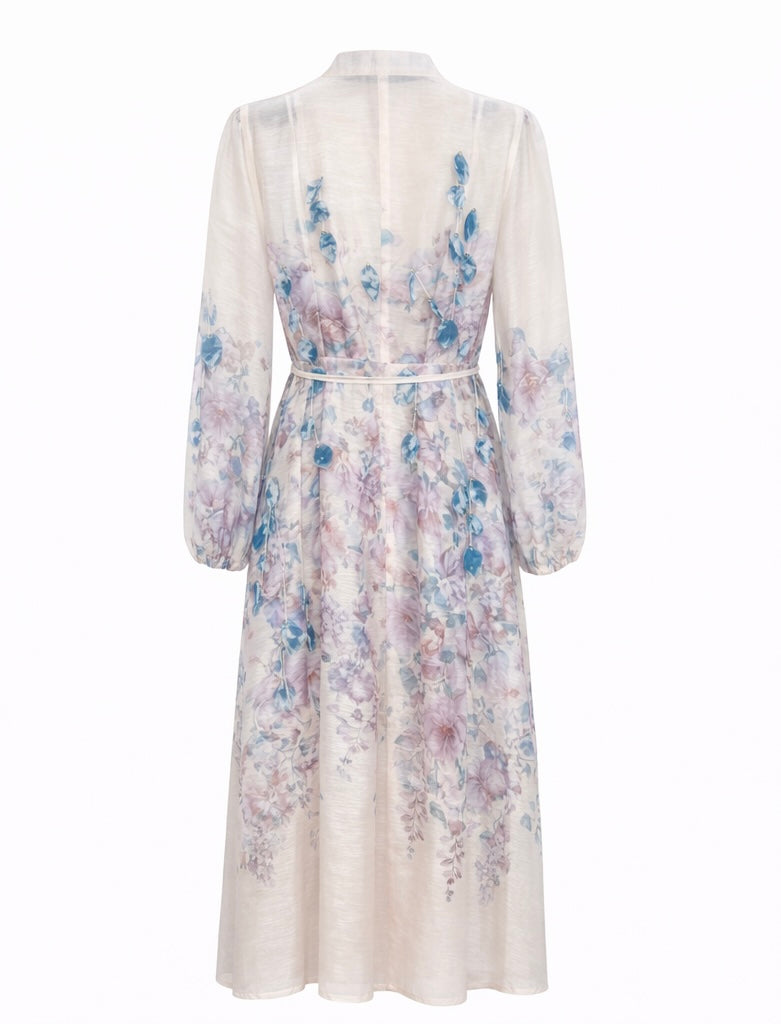 Soft Pastel Floral Belted Midi Dress