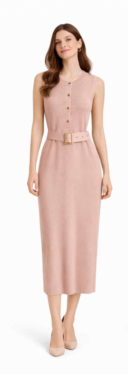 Elegant Blush Ribbed Knit Midi Dress with Belt
