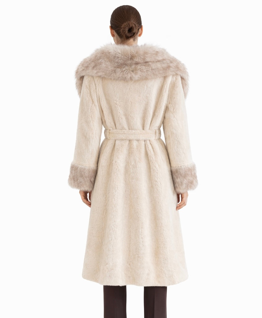 Ivory Faux Fur Long Coat with Plush Collar