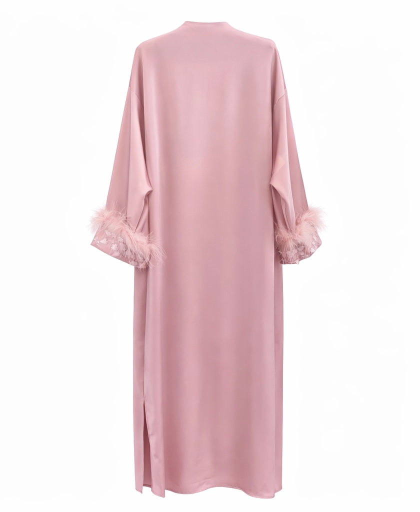 Blush Satin Feather-Trim Kimono