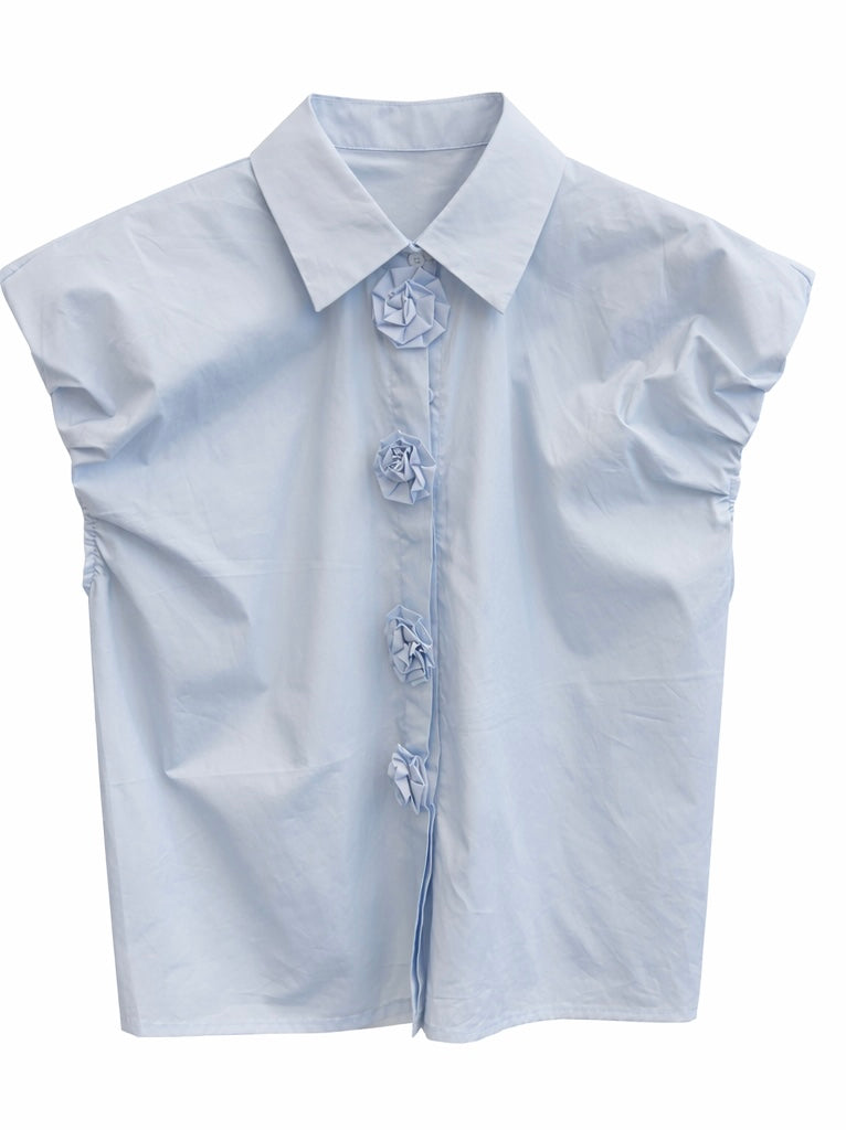 Floral Button Cap Sleeve Blouse - Blush Pink , Light Blue , White