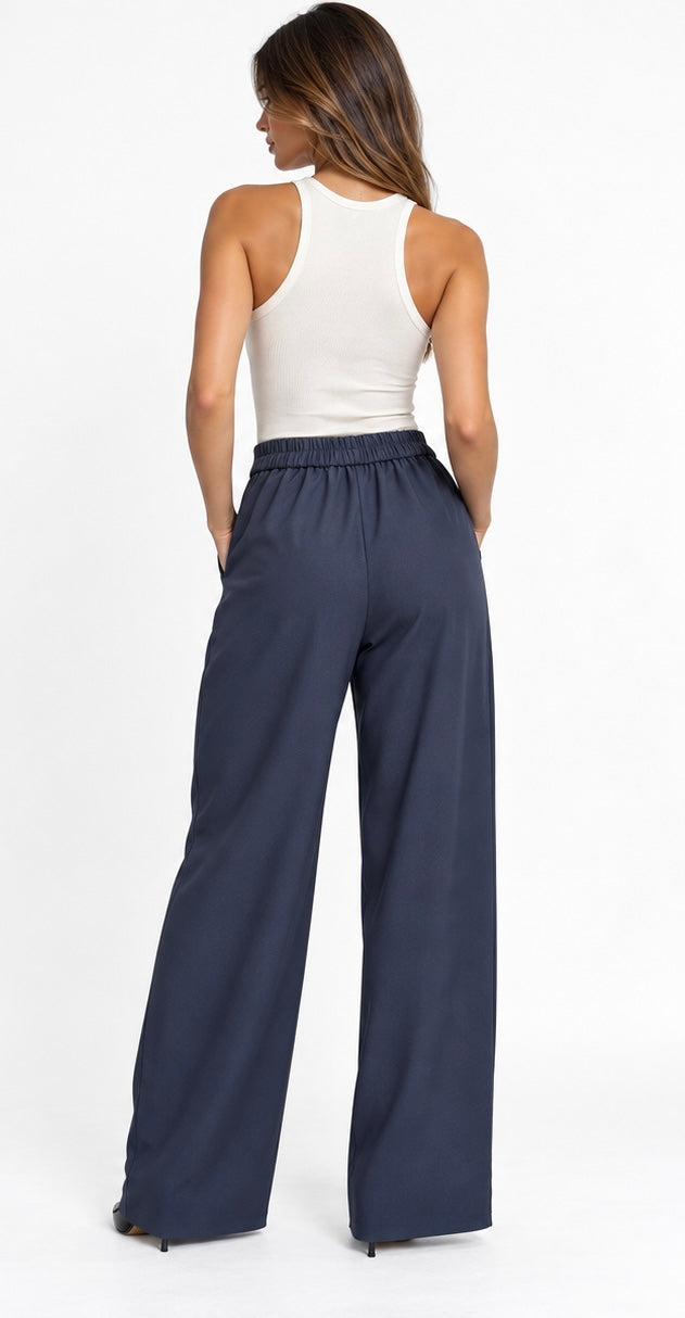 Wide-Leg Pleated Tailored Pants ( Navy , Black , Brown )
