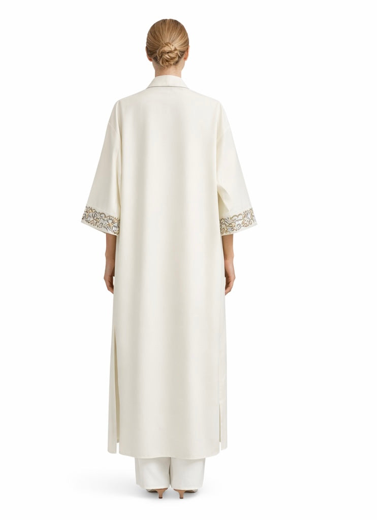 Calligraphy Embroidered Cream Open Abaya