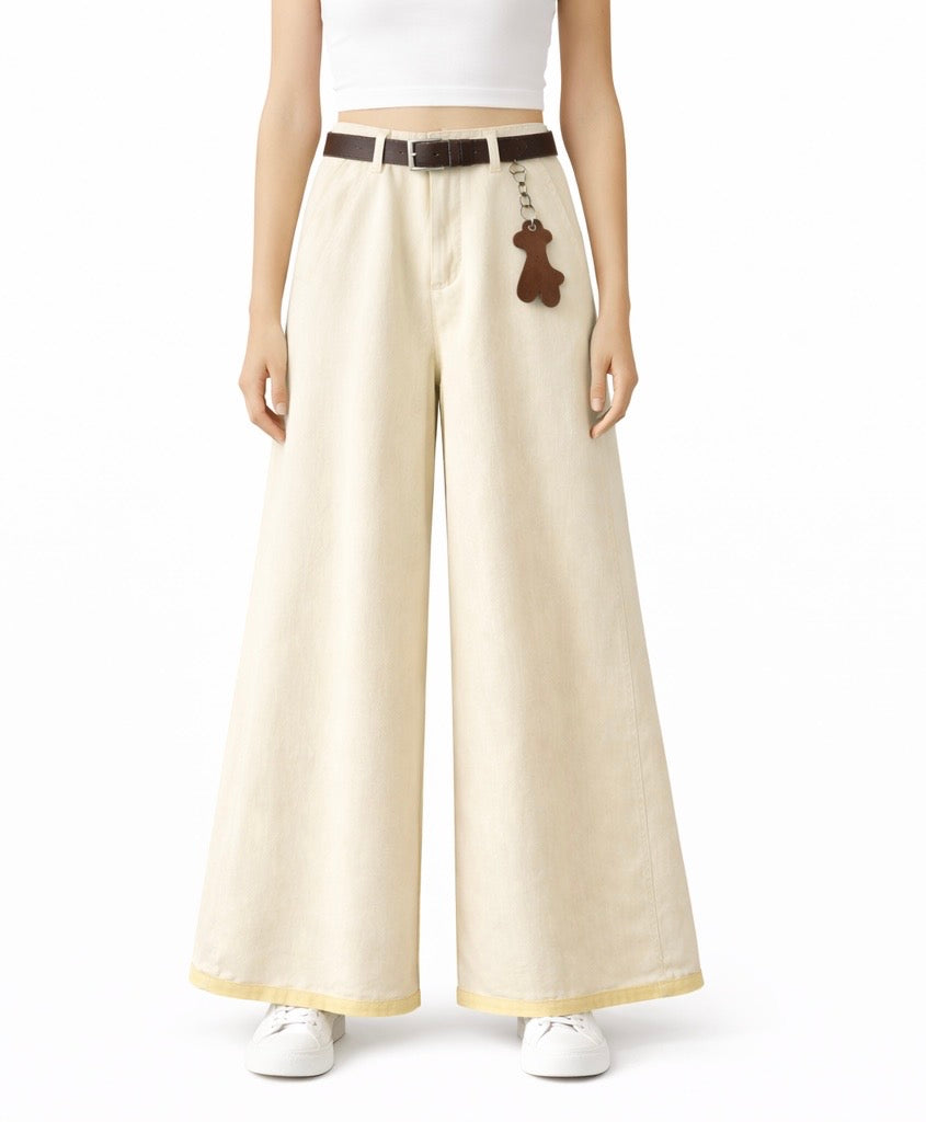 Wide-Leg Trousers with Belt - Butter yellow , pink , light blue