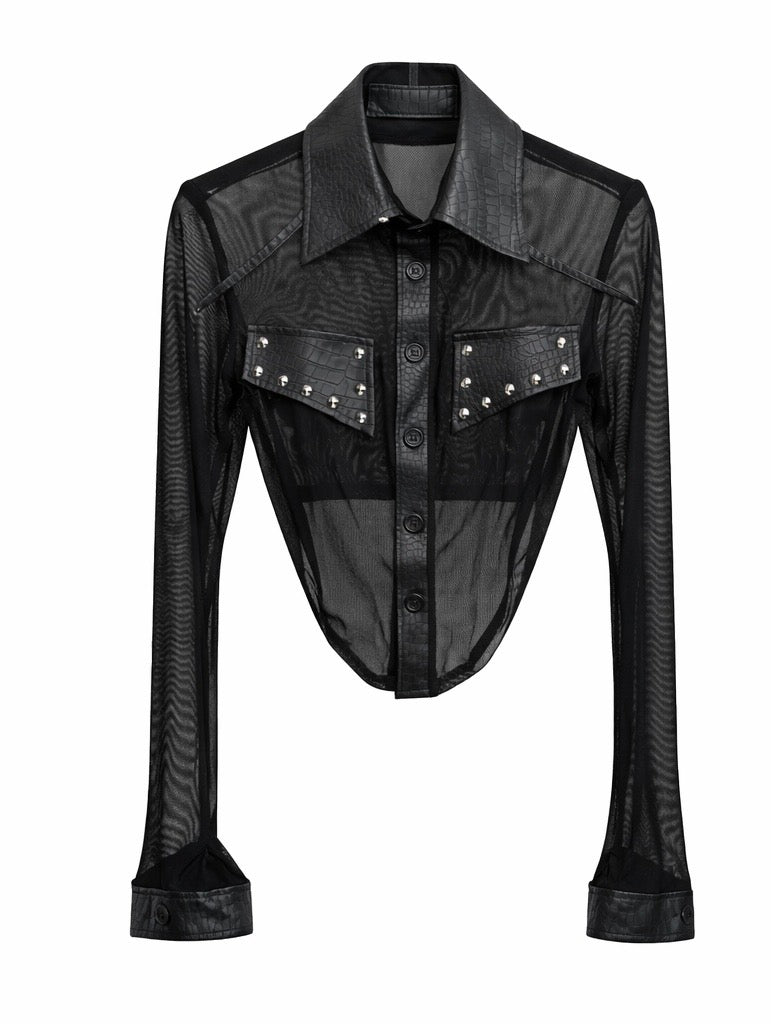 Sheer Mesh Studded Faux Leather Collar Shirt – Black
