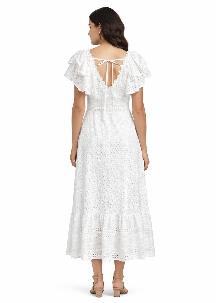 Romantic White Eyelet Lace V-Neck Dress