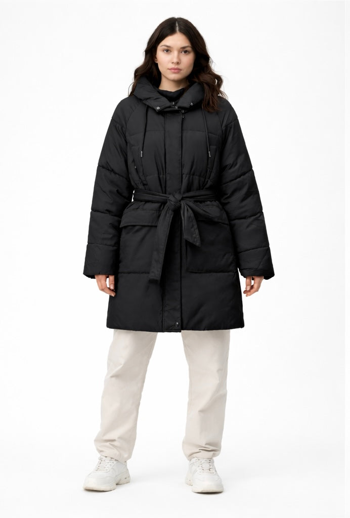 The Belted Hooded Puffer Coat in Black