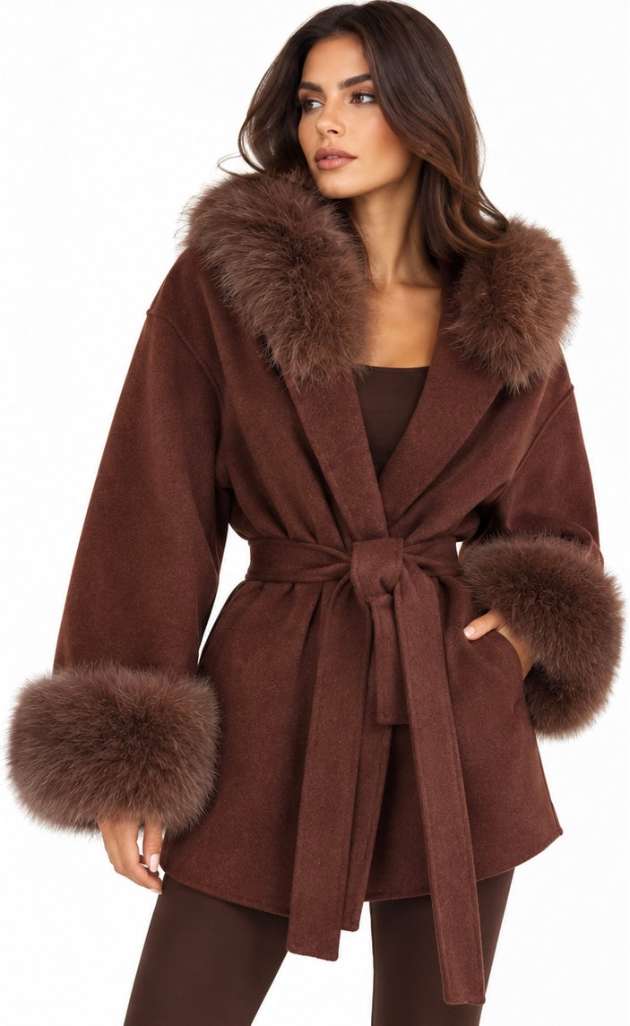 Fur-Trimmed Wrap Coat ( Blush , Icy Blue , Grey , Black , Brown , Burgundy )