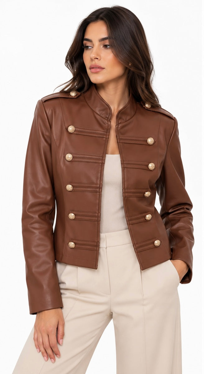 Structured Leather Military Jacket