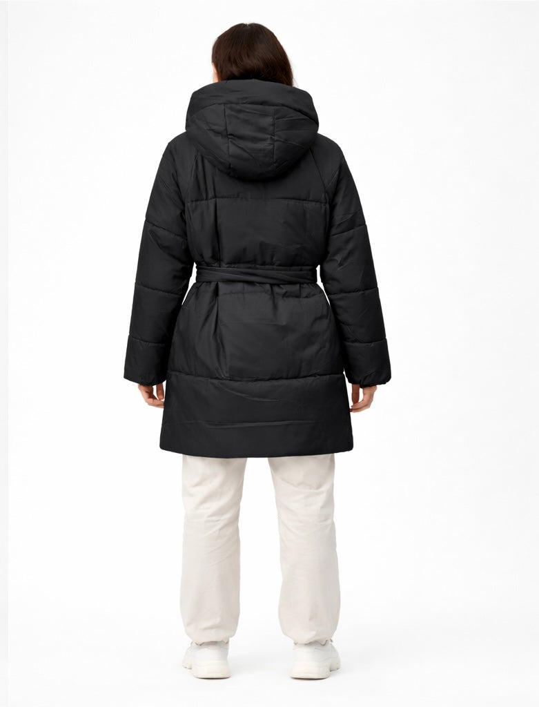 The Belted Hooded Puffer Coat in Black