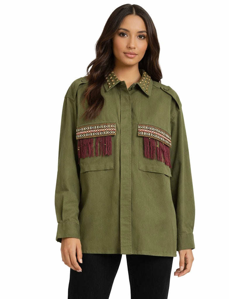 Olive Studded Statement Utility Shirt