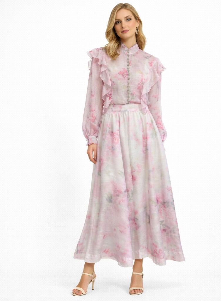Floral Print Light Pink Silk linen Set