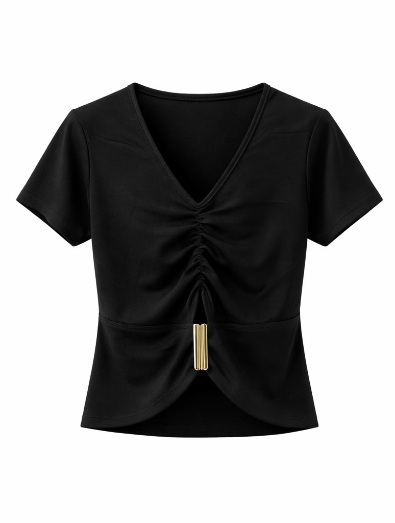 V-Neck Ruched Short Sleeve Top - Brown, Black , White , Olive Green , Beige