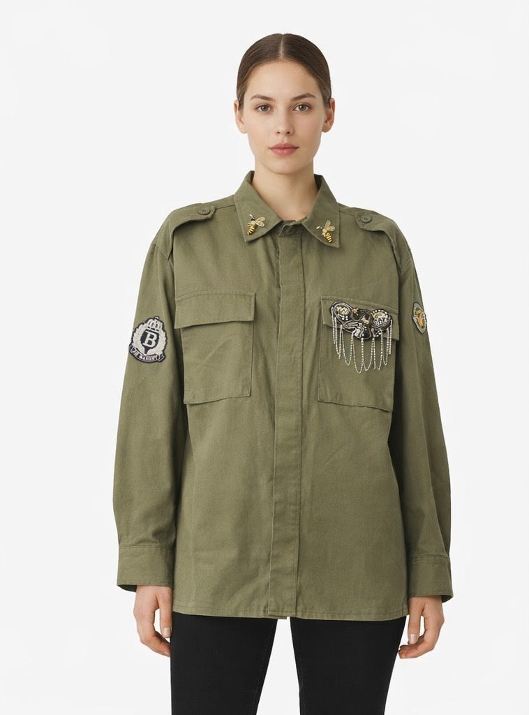Embellished Utility Shirt Jacket - khaki , Beige