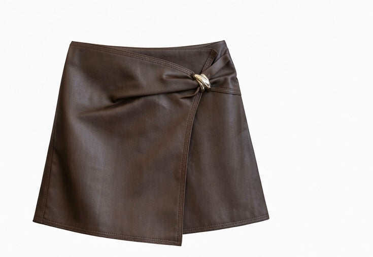 Twist ring Faux Leather Skort Brown