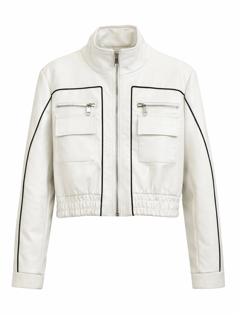 Structured Black Leather Jacket with Contrast Piping