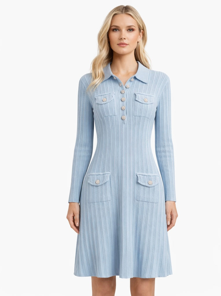 Light Blue Collared Ribbed Knit Dress with Pearl Buttons